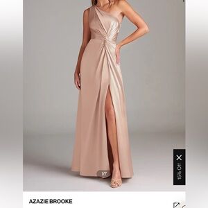 Azazie Brooke One-Shoulder English Rose Metallic Satin Gown